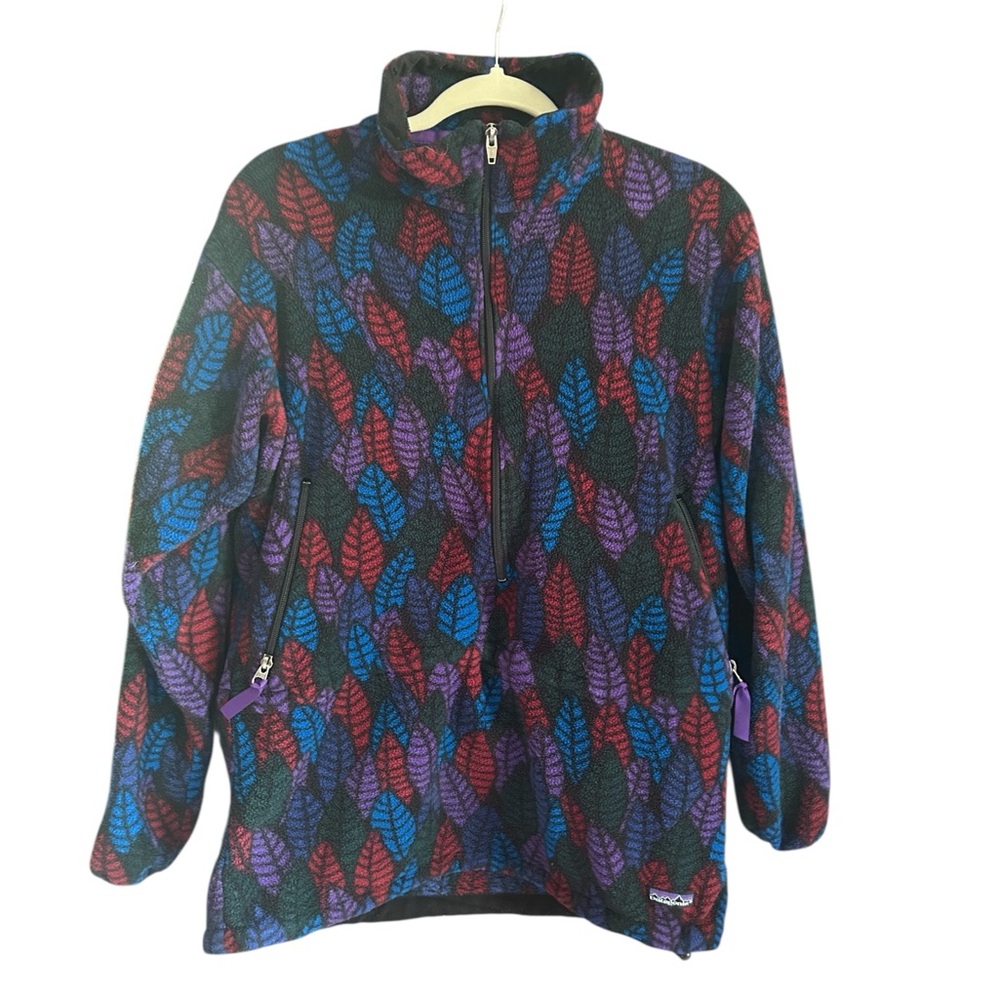 VINTAGE PATAGONIA Synchilla Half Zip Purple Leaf Print Spears Anorak Fleece 10 - Picture 1 of 16
